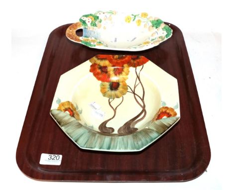 A Clarice Cliff octagonal hand-painted Rhodanthe pattern, 24cm diameter, together with a Clarice Cliff dish (2) .  Both with 