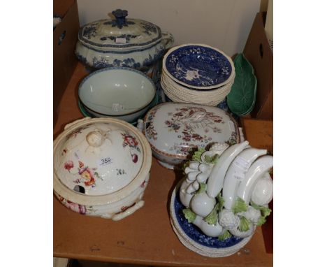 A large Willow pattern meat dish together with a part Copeland Spode dinner service with various tureens, etc 