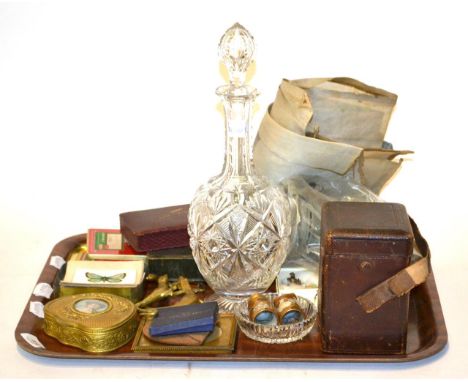 Brass carriage clock, silk cigarette cards, playing cards, scales, decanter, etc 