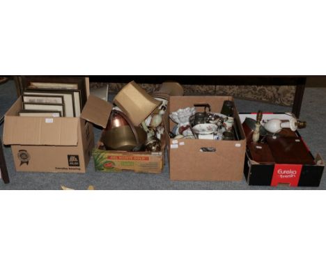 Miscellaneous items, including 19th century tea caddy, various lamps, copper jam pan, assorted ceramics and plate, etc (three