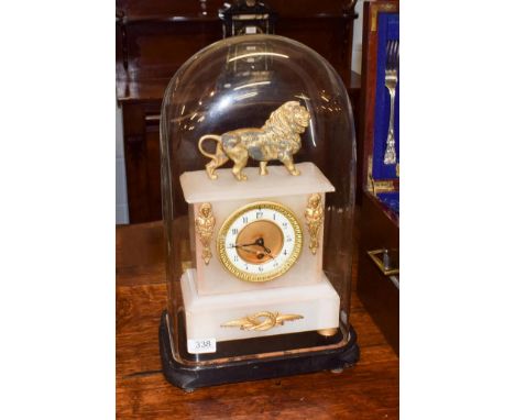 A 19th century alabaster and gilt metal mounted mantel clock, single frame movement, under glass dome with pendulum and key, 