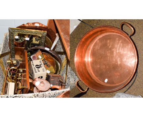 Miscellaneous copper and brass wares, including large jam pan, postal scales, weights, etc 