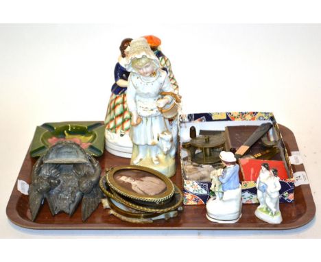 A quantity of assorted items including Moorcroft ashtray, four Staffordshire figures, a lead wall bracket, miniatures, pair p