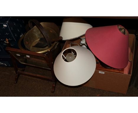 A mahogany toilet mirror, together with a footstool, turned wine coaster, three various lamps, copper and brass wares, etc 