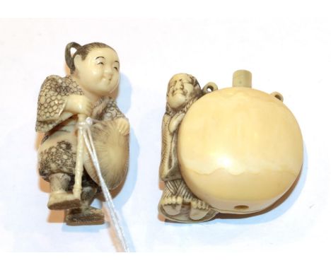 Japanese ivory netsuke, figure beside a large flask, 3.5cm high, and a man with a straw hat, 4cm high (2).  Total weight 30g