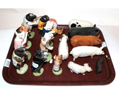 Royal Doulton pigs including Tamworth, Gloucester Old Spot, Vietnamese Pot-Bellied Pig, etc and nine Beswick Pig Band figures