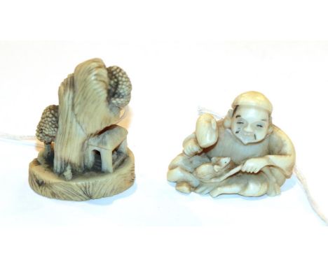 Japanese ivory netsuke, figure beside a rat and a mallet, 3cm high; and another figure beside mountain, 45.cm high (2).  Tota