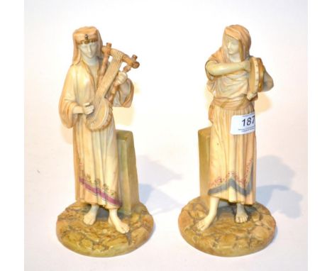 Two Royal Worcester figures of musicians, model numbers 1084, impressed and puce printed marks (a.f.), both 23cm high .  Dama