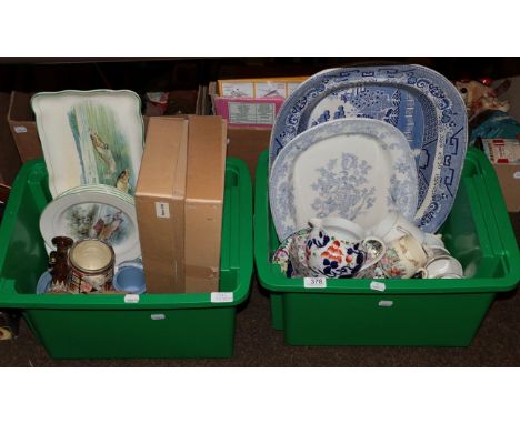 A large Willow pattern meat plate, a Wilkinson part fish service with various other items (two boxes) 