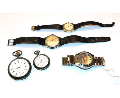 A Tissot Seastar quartz wristwatch, two other wristwatches signed Eternal Matic and Birana, lady's fob watch and a pocket wat