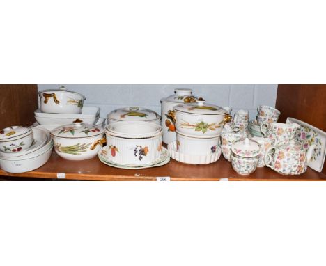 Assorted Minton Haddon Hall pattern dinnerwares, with Royal Worcester Evesham pattern kitchenwares (one shelf)