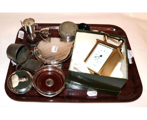 A collection of assorted silver, including a hand-mirror, two small trophy-cups, a pin-cushion, a snuff-box, the cover with a