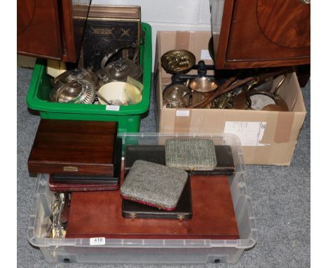Assorted silver plate, brass, a pair of scales, a family bible, various coinage, etc (three boxes) 