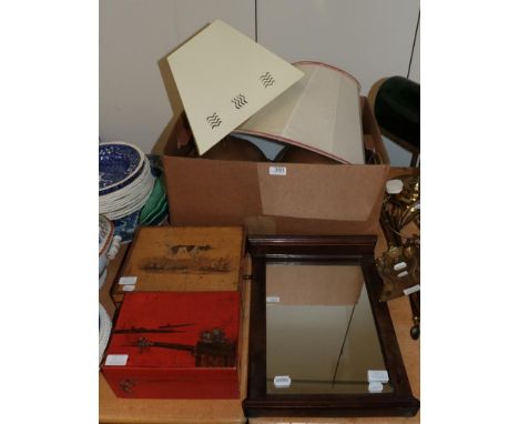 A pair of planished coppered globular lamps, with a wall mirror, a Victorian sewing box and a red lacquered Mahjong set 