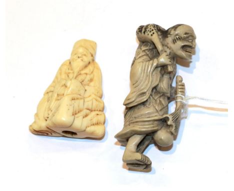 Japanese ivory netsuke, Sennin with toad, 6.5cm high, and another as a seated figure, 5cm high (2) .  Total weight 38g. Senni