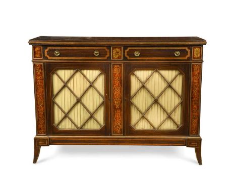 A simulated rosewood side cabinet, 19th century, the rectangular top with reeded edge above two frieze drawers and pair of gl