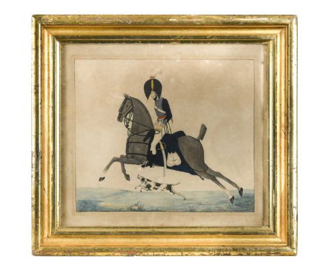 English Provincial School, circa 1800 Portrait of a mounted light cavalry officer accompanied by a carriage dog watercolour a