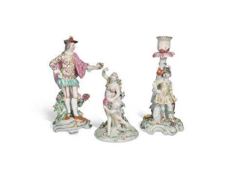 A Derby figural candlestick of Mars, circa 1770, 26cm high; a Derby figure of Venus with Cupid, on a circular moulded base, 1