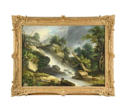 * Continental School, 19th century Mountain torrent with trees and boys on a rock inscribed indistinctly 'JIb(?)etson' (lower