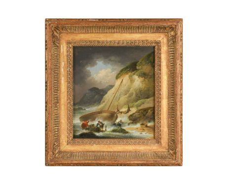 * George Morland (British, 1763-1804) A boat beneath cliffs with figures in the surf signed 'G. Morland' (lower right)oil on 