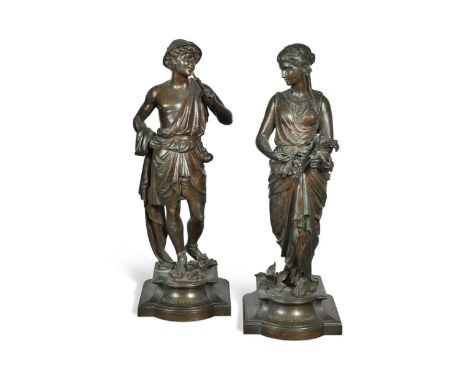 A pair of French bronze figures of Harvesters, 19th century, the male figure with remains of a scythe, each mounted to a serp