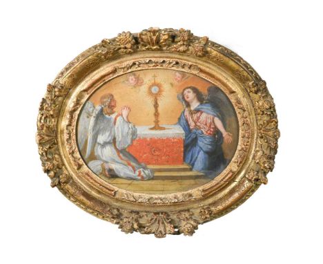 Follower of Filippo Lauri Adoration of the Eucharistoil on panel, oval 17.5 x 22.5cmCondition report: 26.5 x 31.5cm (framed)T