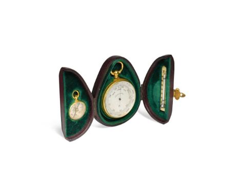 A gilt metal compensated pocket barometer with compass and thermometer, 19th century, in original fitted pear-shaped case9cm 