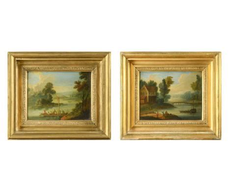 Anglo-Dutch School, circa 1700 Ferrying passengers; and Figures resting in a river landscapeoil on metal15.5 x 20.5cm, a pair