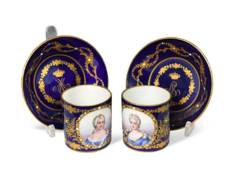 A pair of Sèvres cabinet cups and stands, the cans painted with two named oval panels, Madame du Barry and Madame Victoire, w