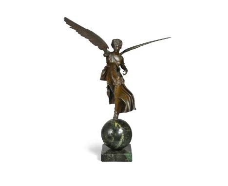 A bronze figure of Victory, 19th century, modelled standing on a green marble sphere and socle68cm highProvenance:Birling Ash