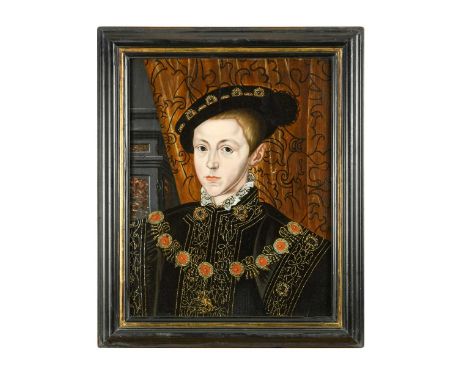 Follower of Guillim Scrots Portrait of King Edward VI (1537-1553) bust-length, in a black doublet encrusted with gold braid, 