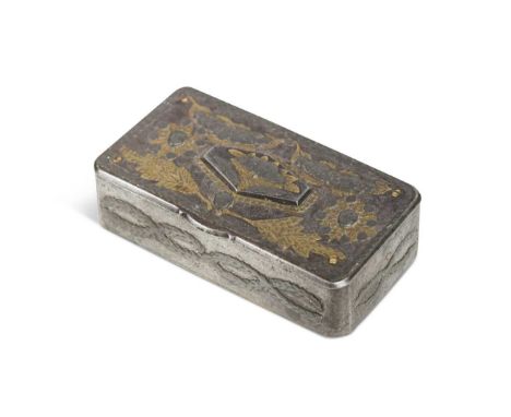 A small steel and brass inlaid snuff box, mid 18th century, decorated with garlands of flowers and leaves, the central coffin