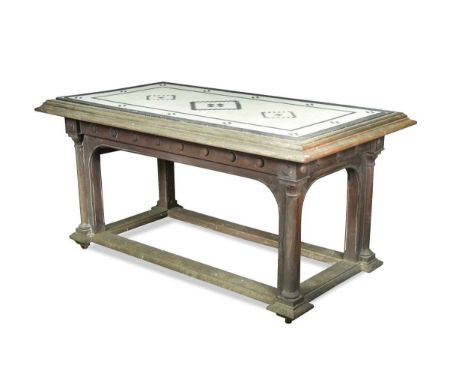 A teak table with a mosaic top, circa 1900, the later rectangular top decorated with a geometric mosaic pattern comprising bl