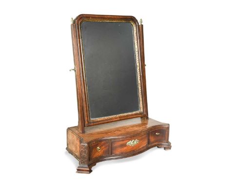A George III toilet mirror, the rectangular plate with carved gilt slip and moulded frame flanked by tapered supports surmoun