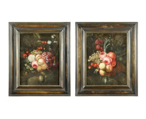 Follower of Joris van Son Bunches of fruit and flowers including roses, grapes and plums with poppy seed heads; and Roses, pe