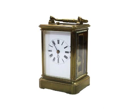 A small French repeating carriage clock, late 19th century, white dial with Roman numerals, platform lever escapement and gon