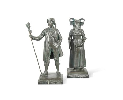 Arnold Künne (German 1866-1942), a pair of bronze Wedding figures, late 19th century, the couple dressed in the costume of th