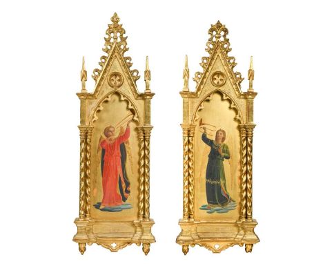 Music making angelsoil on panel, in giltwood Gothic style framesone with paper label to reverse 'FLOT & FINDEL, PICTURE DEALE