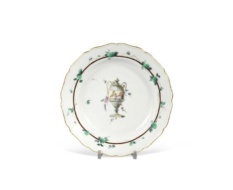 A Worcester plate, circa 1765, decorated in the workshop of James Giles, painted to the centre with an urn and trailing roses