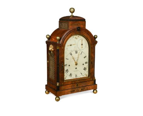 A Regency mahogany and brass inlaid bracket clock, the arched case with 5 ball finials above painted dial signed 'Walker, Glo