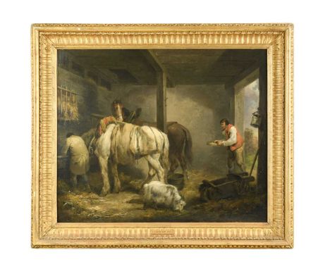 * George Morland (British, 1763-1804) Interior of a stable with two cart horses being fed and a goat in the foregroundsigned 