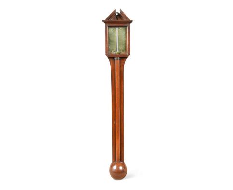 A mahogany stick barometer, 19th century, the angled pediment above brass register, concealed tube and turned cistern cover b