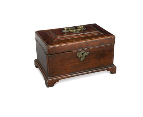 A George III mahogany tea caddy, the hinged cover with brass handle opening to reveal three compartments and spoon fittings w