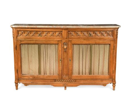 A Continental marble top side cabinet, 19th century, with Vitruvian scroll carved drawer fronts over grille panel cupboard do
