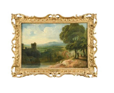 * Circle of Richard Wilson, RA (1714 -1782) Figures resting near ruins in an expansive landscapeoil on canvas, in a carved an