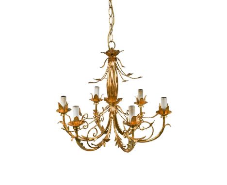 A gilt painted six branch hanging ceiling light, 20th century, with foliate decoration, together with a pair of gilt painted 