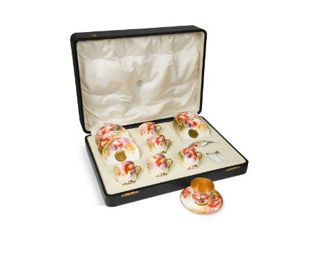 A set of six Royal Worcester tea cups and saucers, painted by Kitty Blake with blackberries, cased, retailed by Weir &amp; So