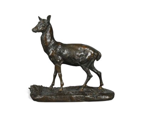 Paul Comolera (1818-1897), a bronze model of a Red hind, modelled standing on a foliate base, signed and dated 1867 in the br