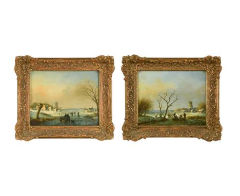 Charles Leickert (Belgian, 1816-1907) Winter scenes - Figures skating and sledging on a frozen river with a windmill beyondea