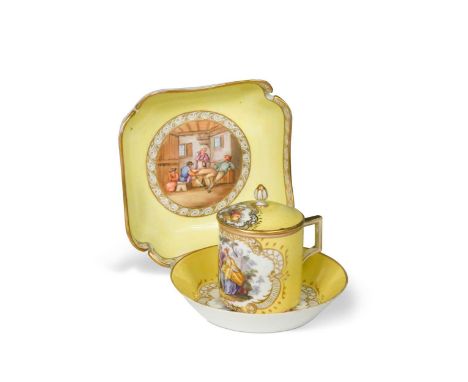 A Meissen yellow ground can, cover and stand, late 18th century, painted with scenes of courting couples, within scrolling gi
